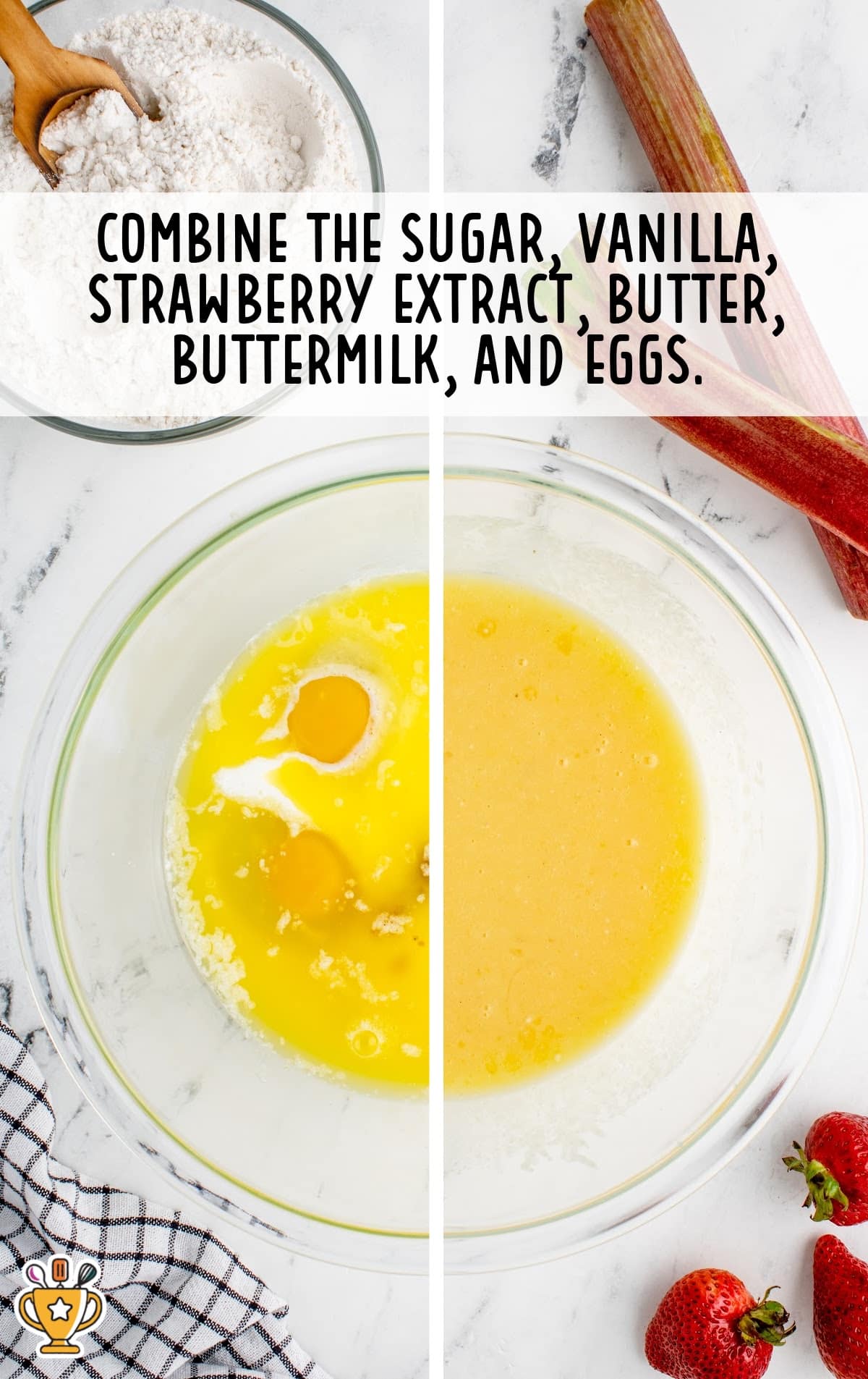 sugar, vanilla, strawberry extract, butter, buttermilk and eggs combined in a bowl