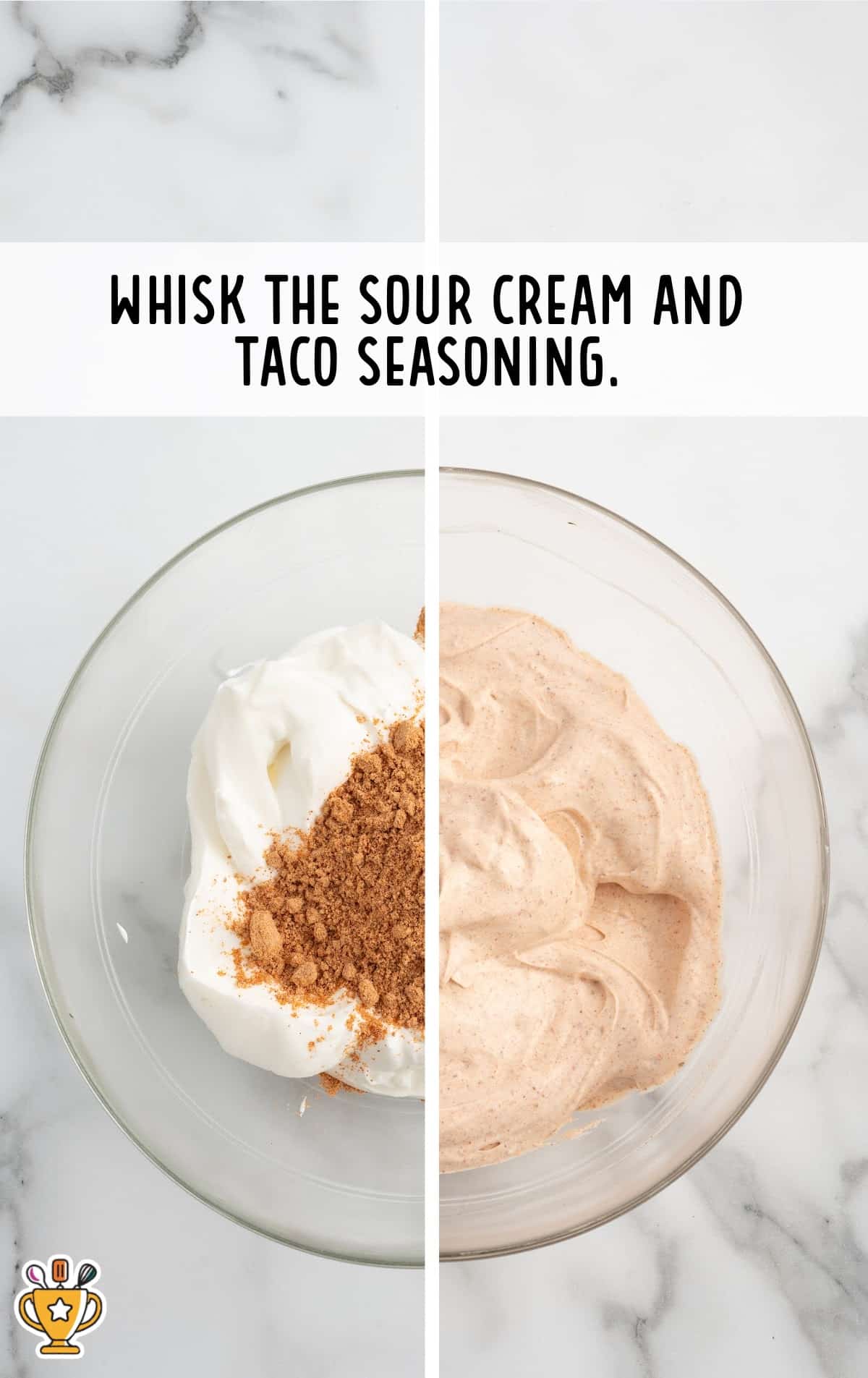 Split image of sour cream being mixed with taco seasoning. Left shows the ingredients before mixing, right shows the seasoned mixture smooth and creamy. Text overlay says "Whisk the sour cream and taco seasoning."