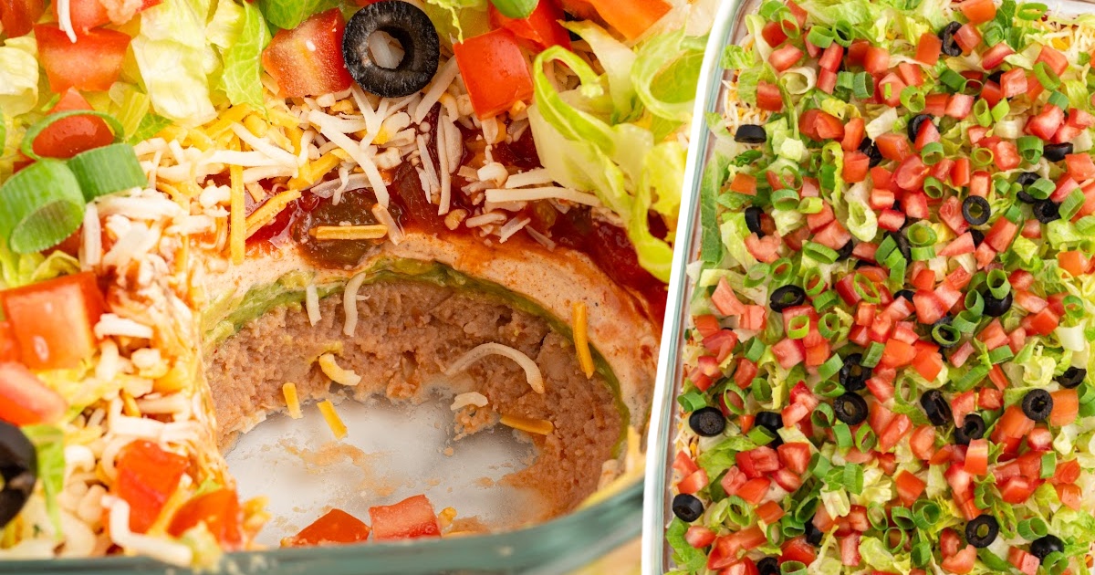 Split image of a full pan of 7 layer dip and a close-up of a scoop taken out, showcasing the layered interior.
