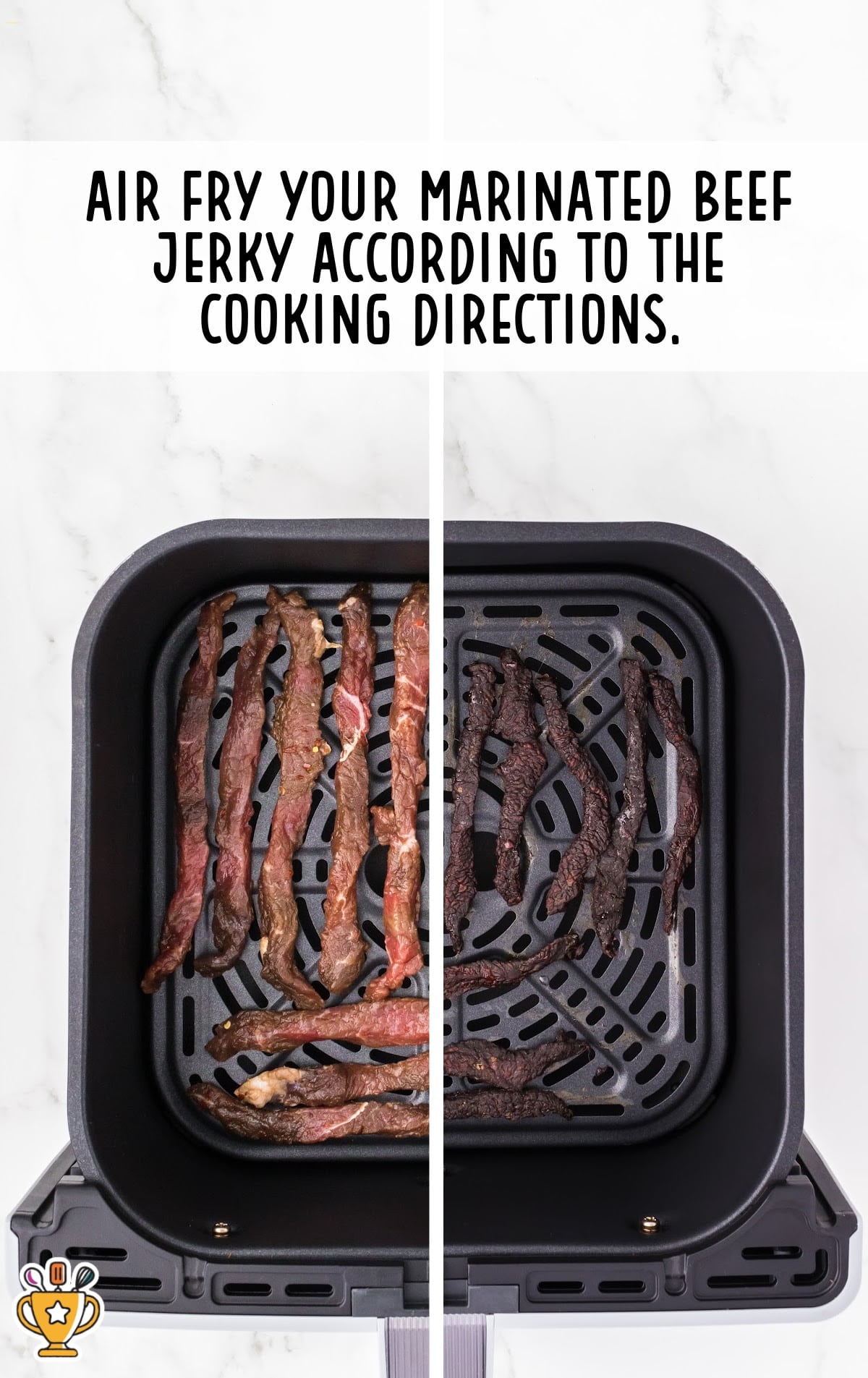 Side-by-side images of beef strips in an air fryer basket before and after cooking.