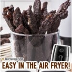 Pin design with bold title and before-and-after images of beef strips in the air fryer, labeled as easy to make.