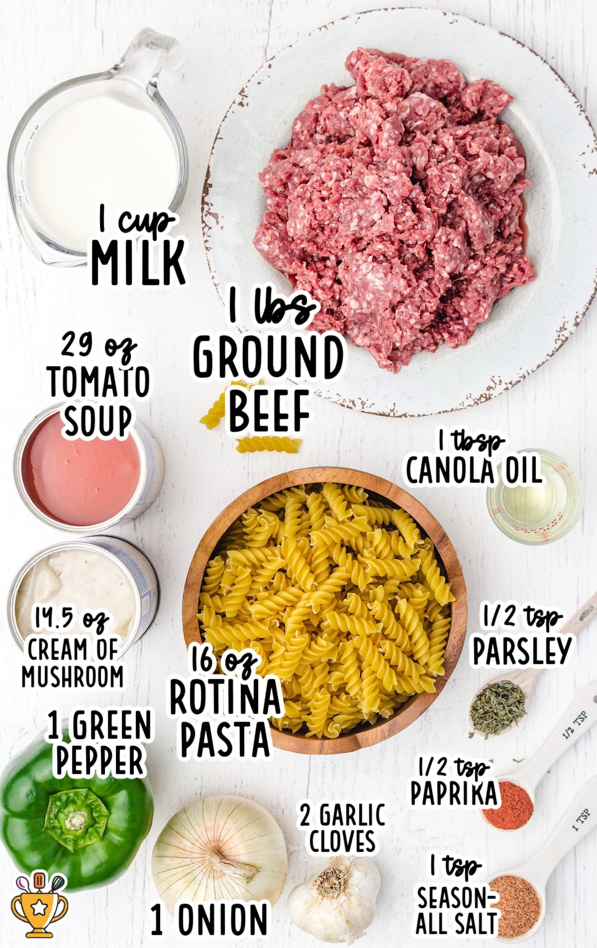 Flat lay of Amish casserole ingredients including rotini pasta, ground beef, tomato soup, cream of mushroom, peppers, onion, milk, and spices with labels.