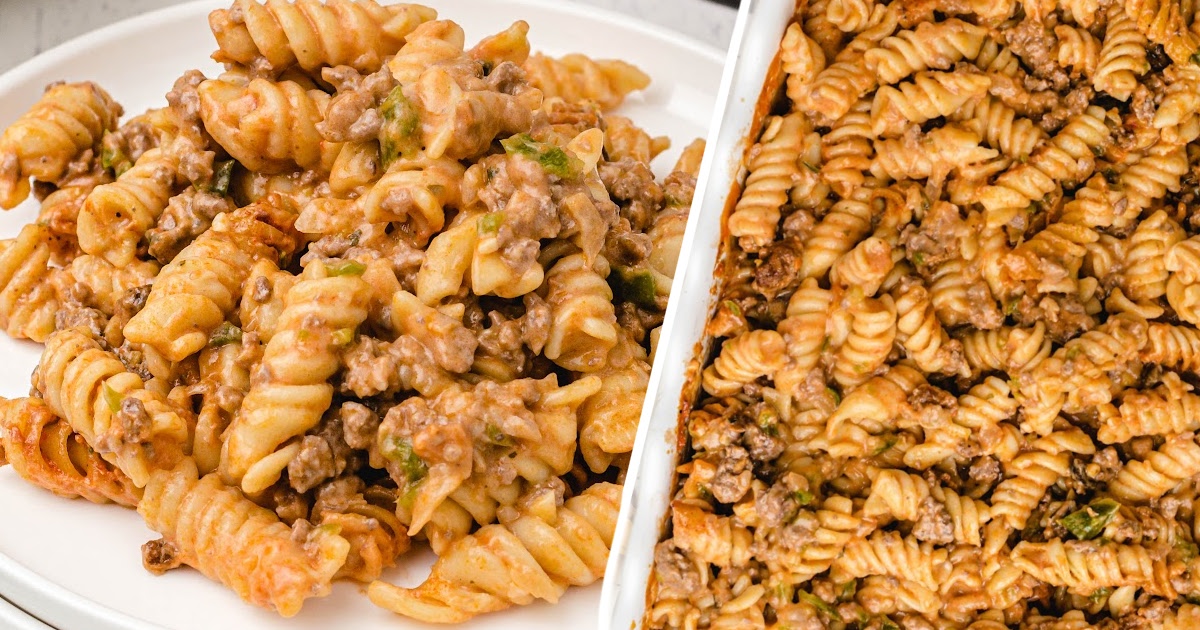 Split view showing a plated portion of Amish casserole on the left and the full baked dish on the right.
