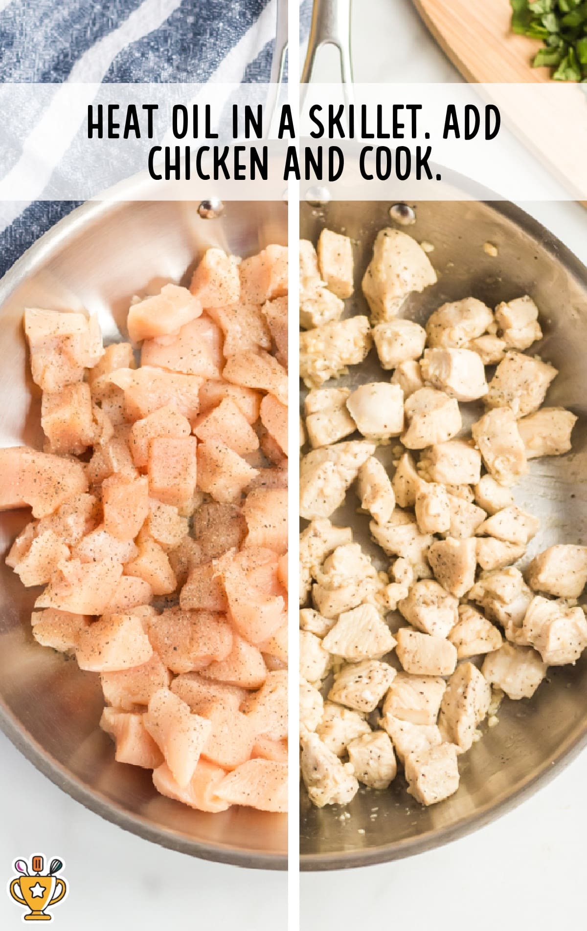 Split photo showing raw, seasoned chicken breast cubes in a skillet on the left, and fully cooked chicken on the right