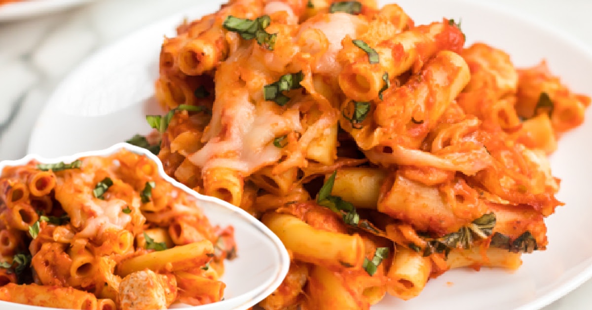 Split view image showing a baked dish of cheesy chicken ziti on the right and a plated portion of the pasta on the left.