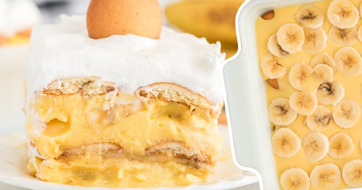 Slice of banana pudding served on a plate beside a full baking dish, highlighting layers of banana slices, pudding, and Nilla wafers.