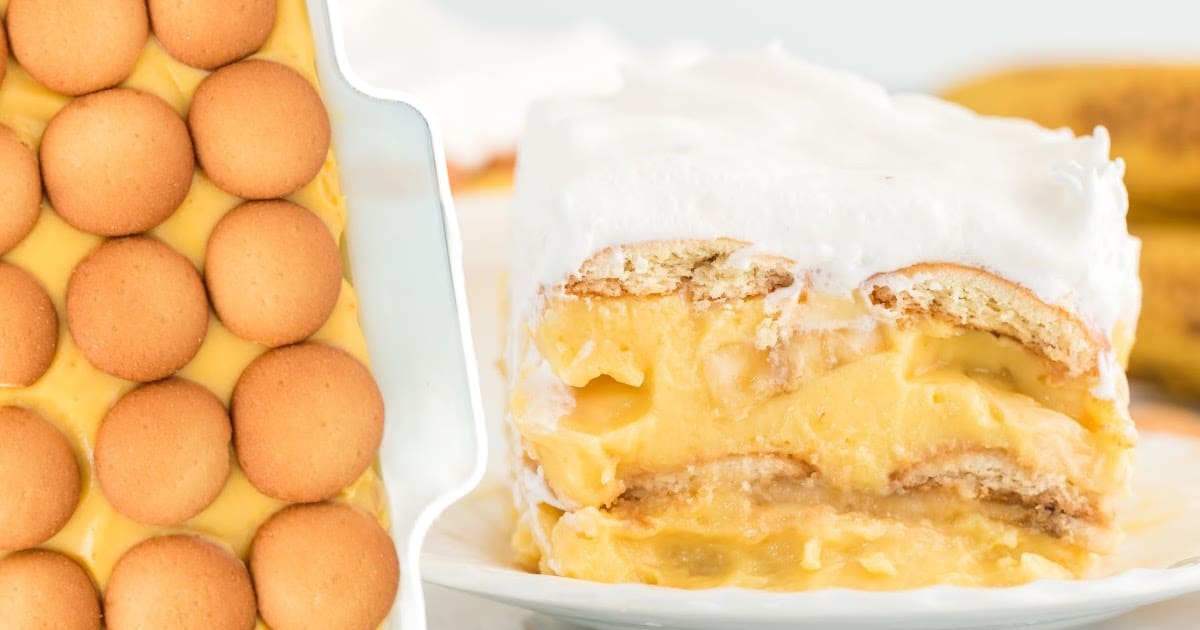 Split image showing a full banana pudding dish with whole vanilla wafers on one side and a creamy sliced piece served on a plate on the other side.