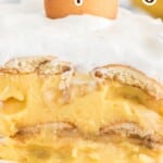 Tall Pinterest graphic showing a banana pudding slice topped with a vanilla wafer, with text overlay saying &ldquo;no bake BANANA pudding &ndash; easy old fashioned dessert!&rdquo; and an image of the full pan.