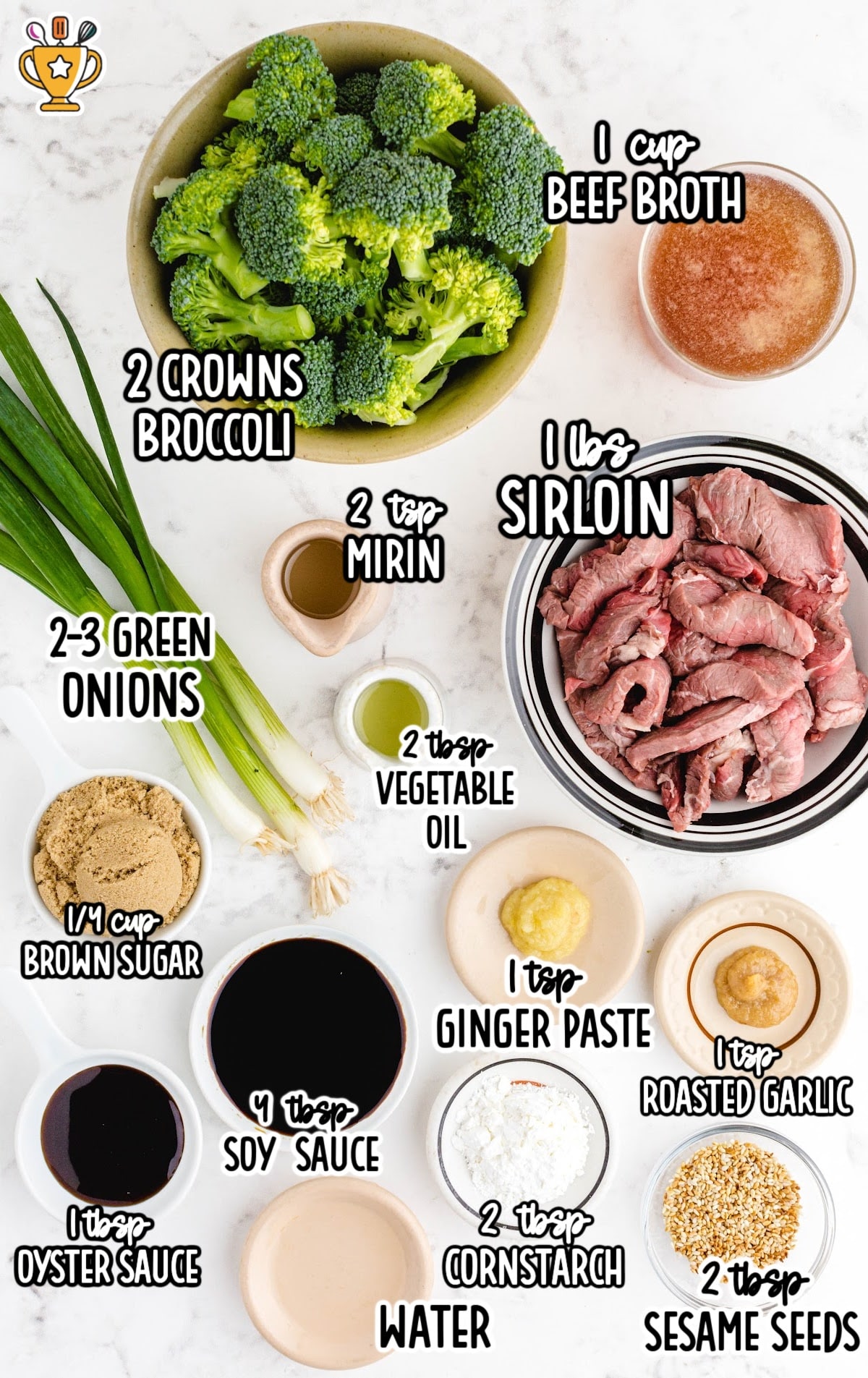 Flat lay of labeled beef and broccoli stir fry ingredients including sirloin, broccoli, soy sauce, and sesame seeds.