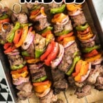 Beef kabobs arranged in a tray with bold “Beef Kabobs” and “The Best Family Dinner!” text, showcasing grilled perfection.