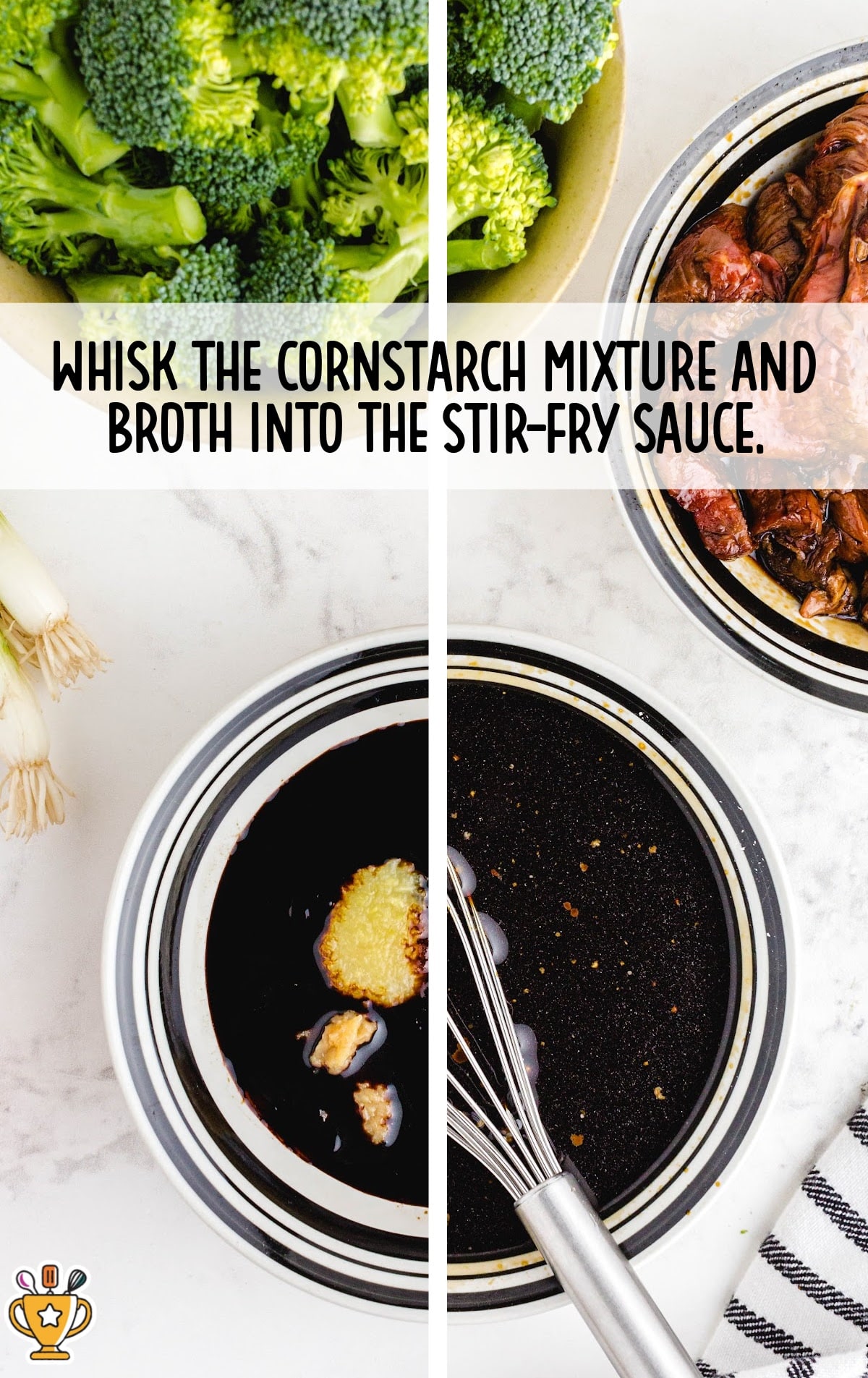 Whisking stir-fry sauce ingredients including soy sauce, garlic, and ginger in a mixing bowl