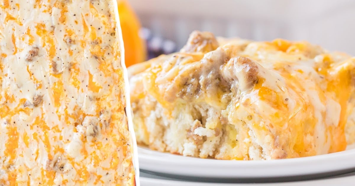 Split image of the whole baked casserole in the dish on the left and a cheesy slice on a plate on the right.