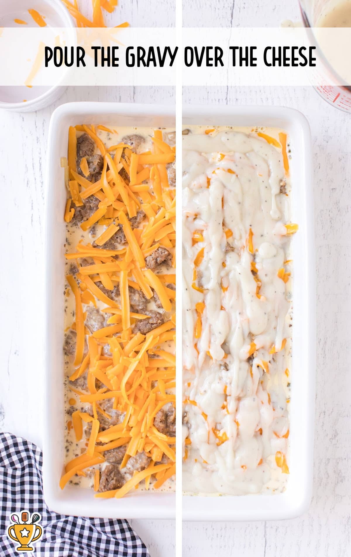 Step-by-step photo showing shredded cheddar added over sausage on the left and white gravy poured over it on the right.