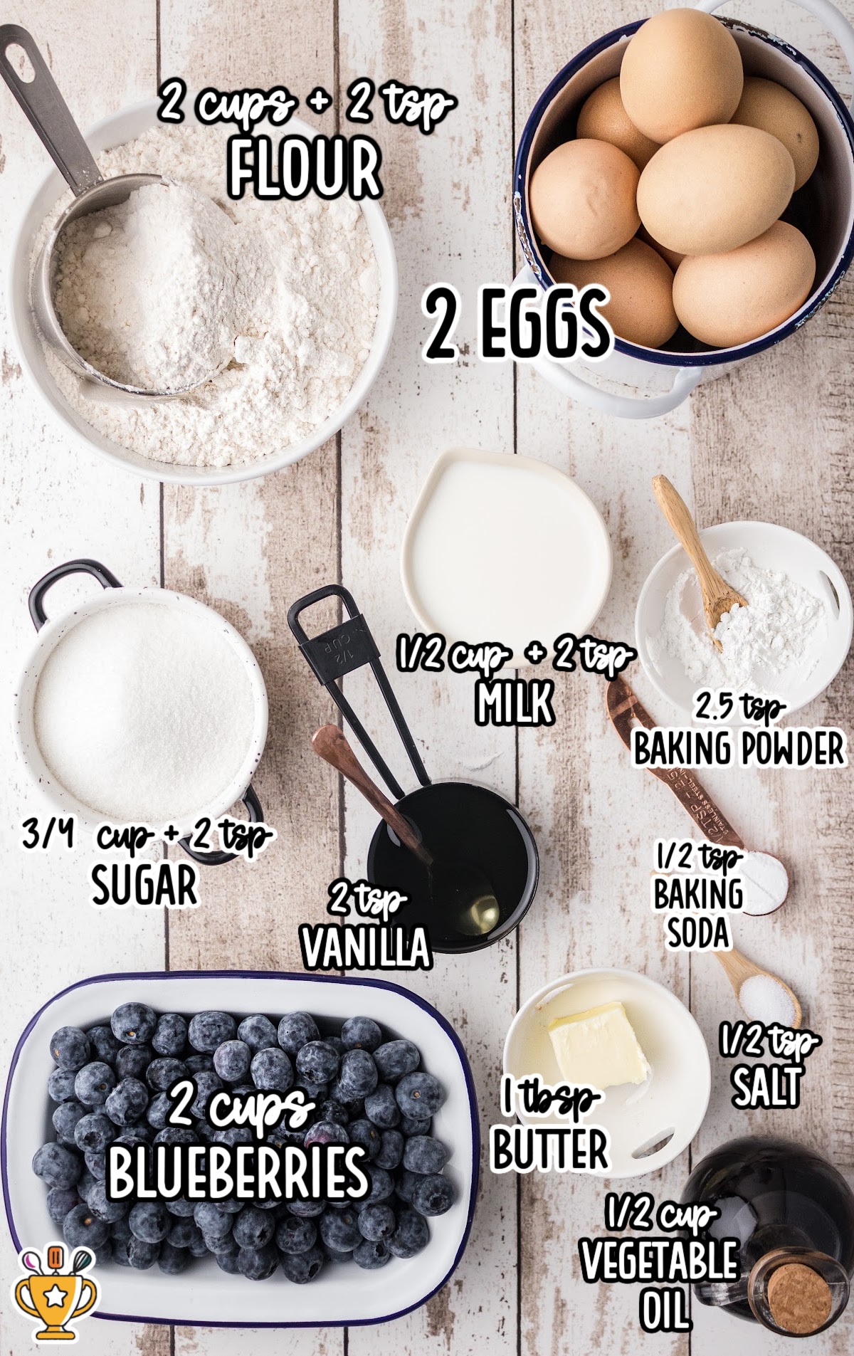 Flat lay of labeled blueberry bread ingredients including flour, eggs, sugar, milk, vanilla, baking powder, and fresh blueberries.