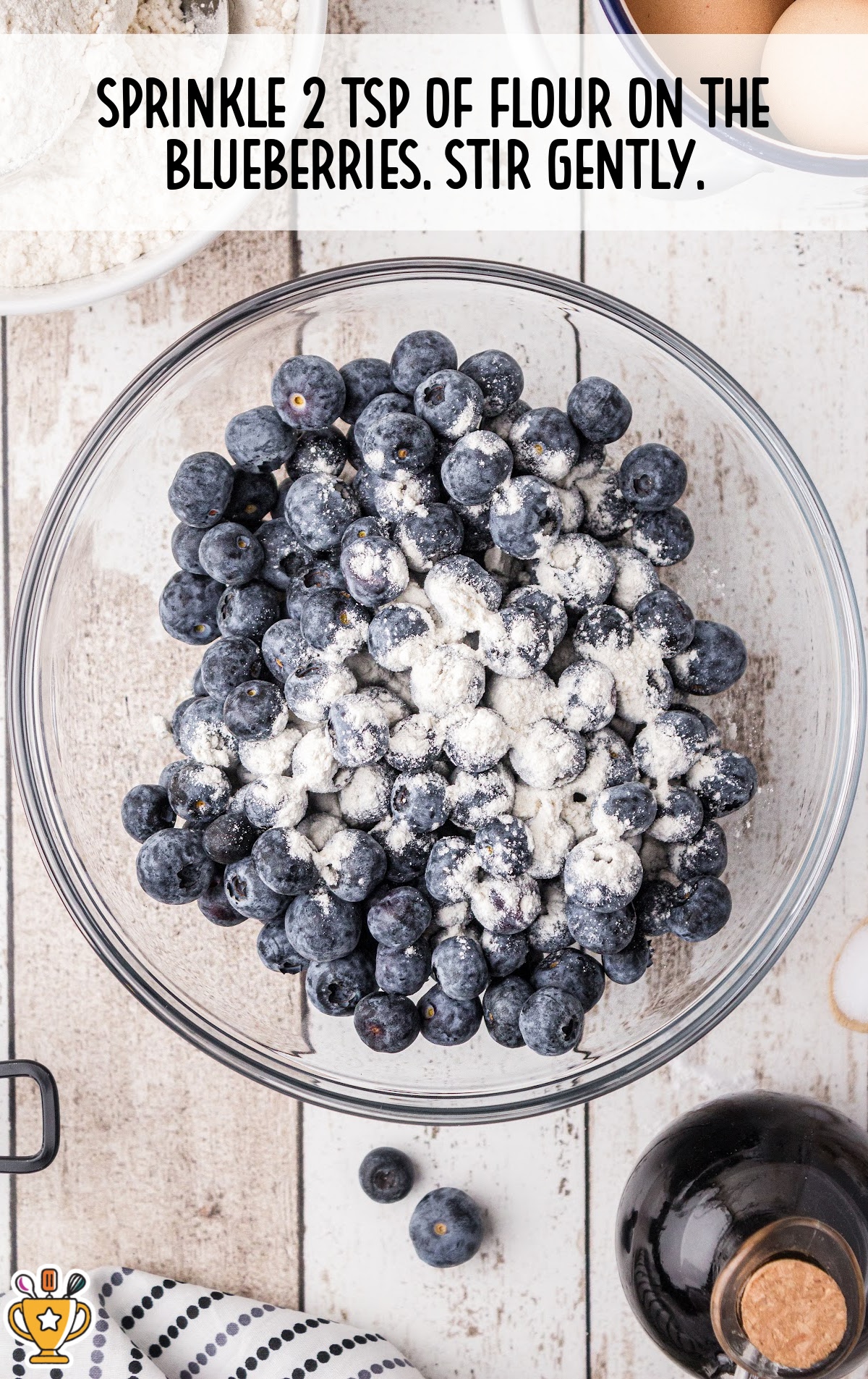 Bowl of fresh blueberries sprinkled with flour on a rustic countertop, with text instructions to stir gently