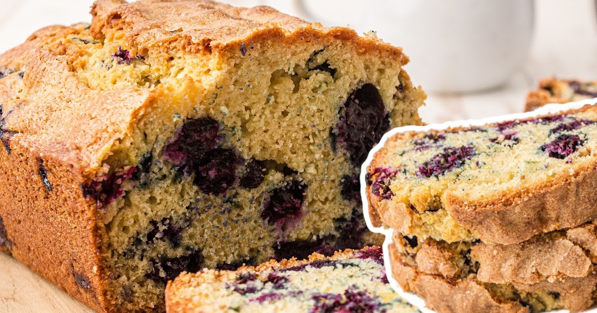 Split image showing raw blueberry bread batter on one side and baked slice filled with juicy blueberries on the other.