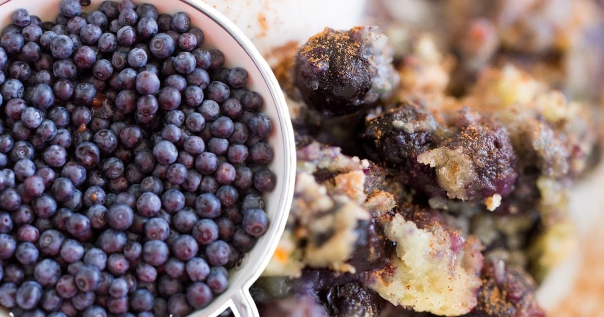 A full white casserole dish of blueberry cobbler next to a plated serving of cobbler with visible golden crust and berries.
