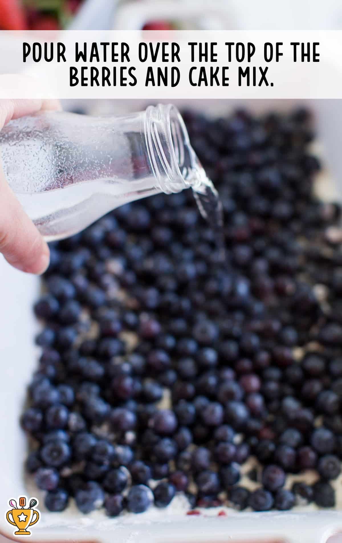 Water being poured from a glass bottle over blueberries and cake mix in a white baking dish. Text overlay says "Pour water over the top of the berries and cake mix."