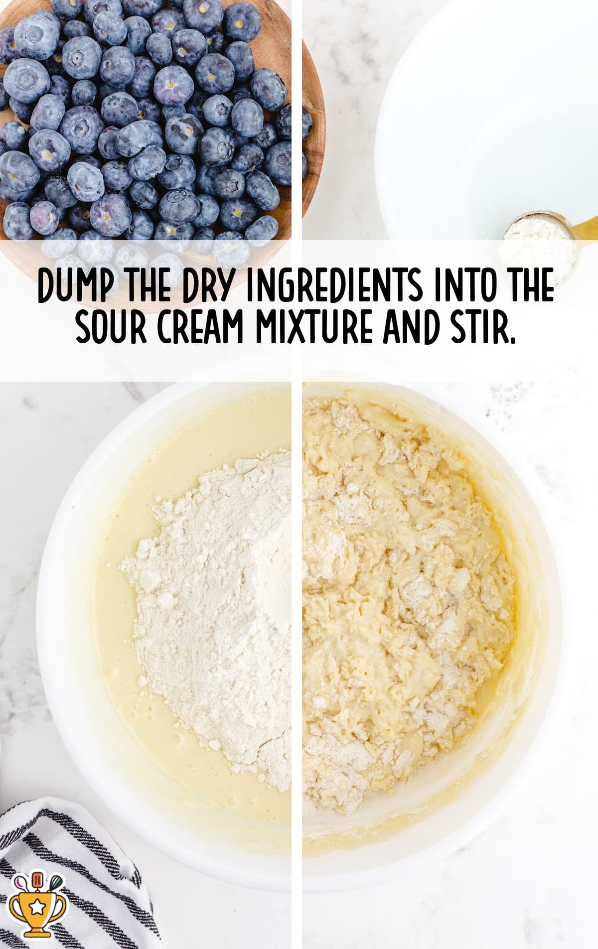 Dry flour mixture added to wet ingredients in a white bowl, halfway through mixing into batter.