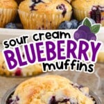 Tall pin with stacked muffins and a muffin tin, featuring vibrant blueberries and a soft, golden texture with a text overlay.