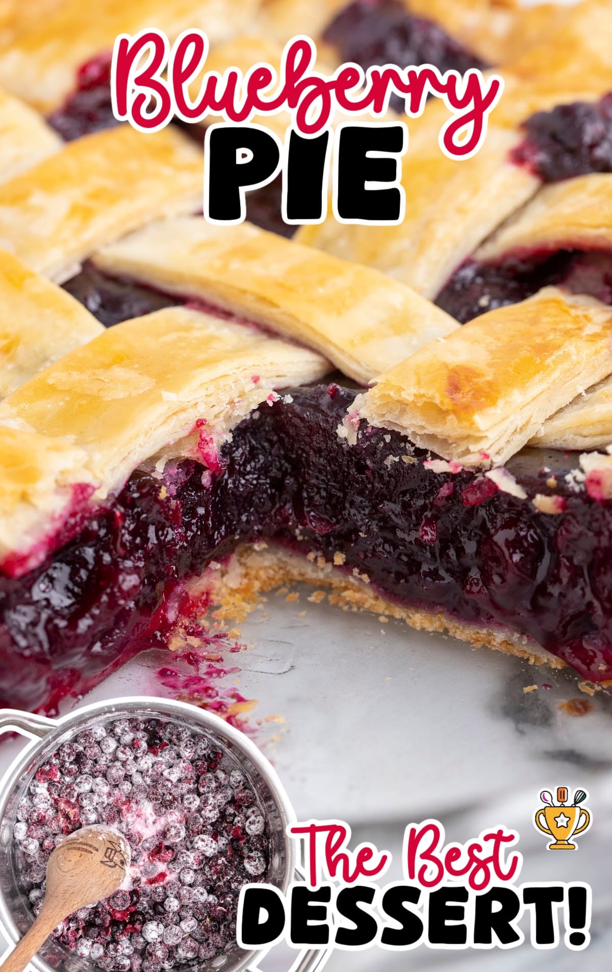 Close-up of blueberry pie with a missing slice, golden flaky lattice crust, and glossy blueberry filling spilling slightly.
