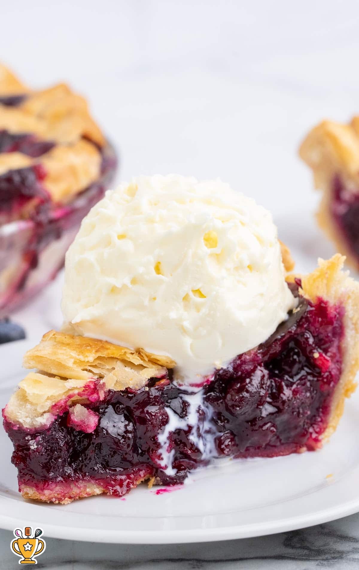 Slice of blueberry pie topped with a scoop of vanilla ice cream on a white plate, showing creamy melting ice cream.