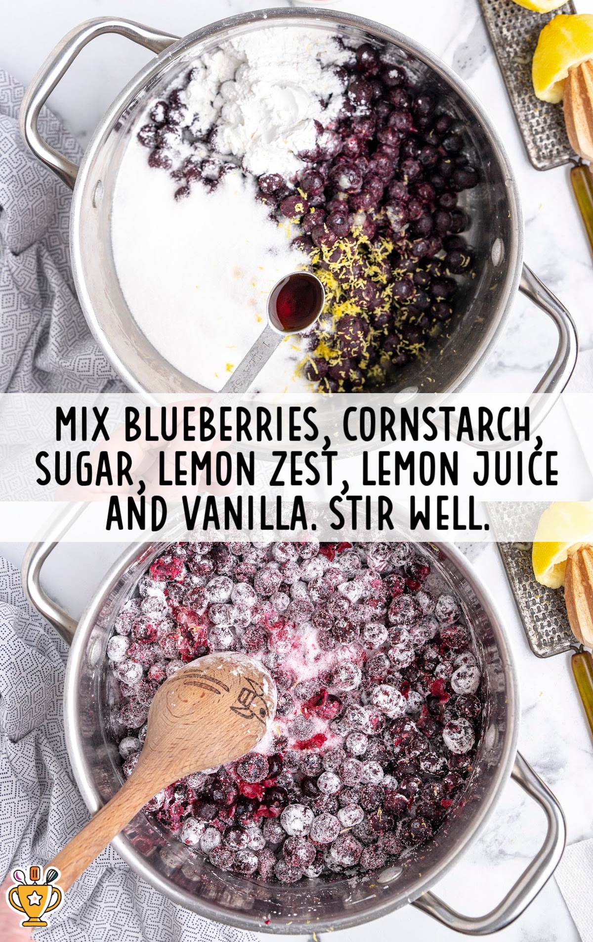 Overhead shot of a saucepan filled with blueberries, sugar, cornstarch, lemon zest, and vanilla ready to stir.
