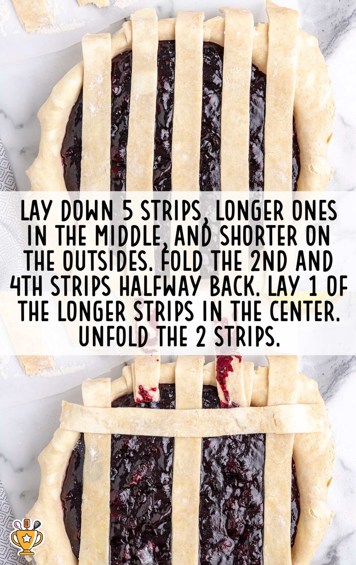Pie with half of the lattice crust arranged over thick blueberry filling, showing weaving process in progress.