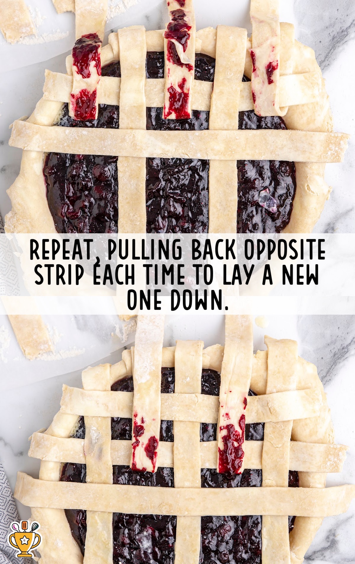Lattice top almost fully woven over a blueberry pie with some strips still being pulled back for weaving.