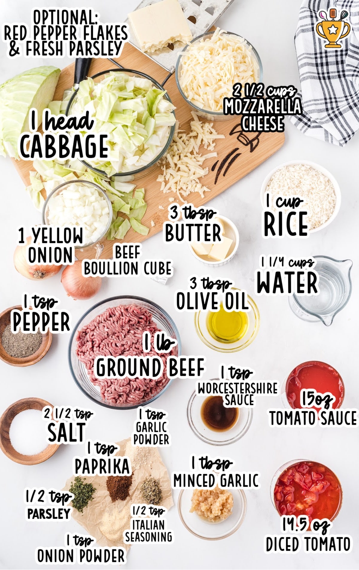 Flat lay of labeled ingredients for cabbage roll casserole including cabbage, ground beef, cheese, onions, spices, and tomato products.