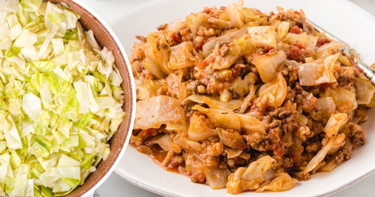Side-by-side of chopped raw cabbage in a pot and a full plate of cooked cabbage roll casserole with ground beef and tomatoes.