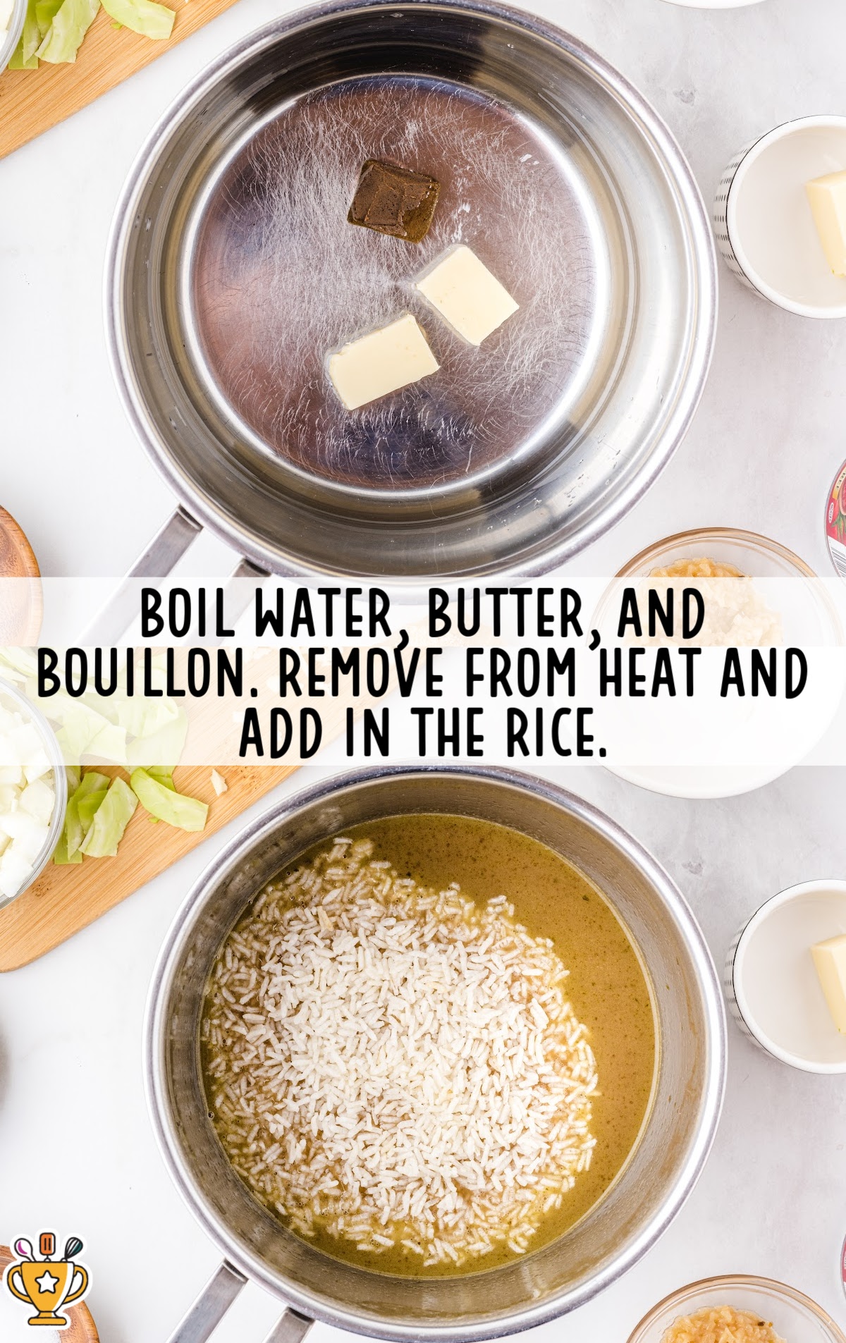 Butter and a beef bouillon cube in a stainless steel pot before boiling; second image shows rice added to the broth mixture.