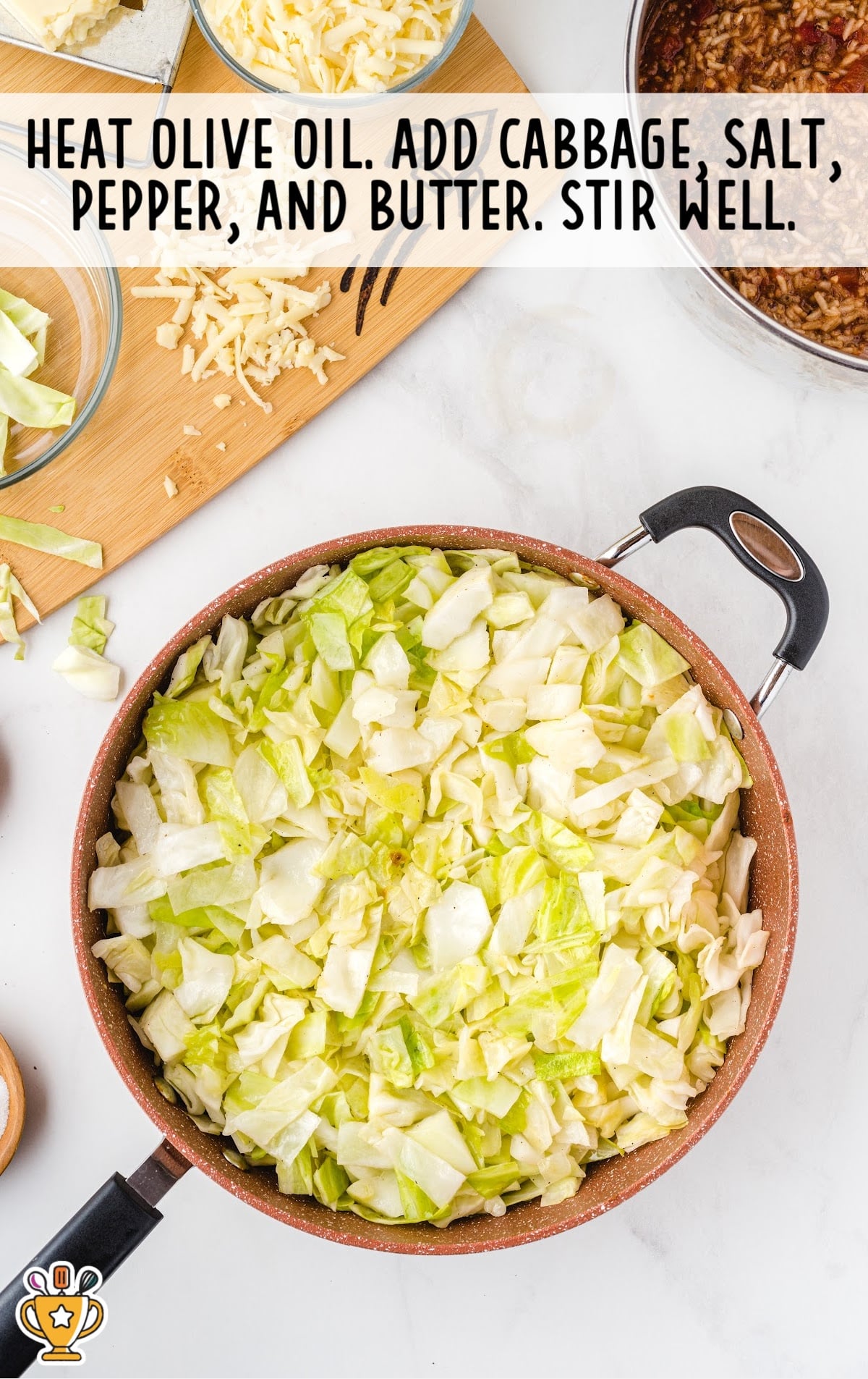 Chopped cabbage cooking in a pan with olive oil, salt, pepper, and melted butter, ready to be added to the casserole mix.