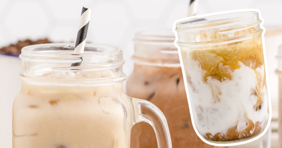 Two iced caramel macchiatos in the foreground with paper straws, one creamy and one chocolatey, with a third swirled version slightly behind.