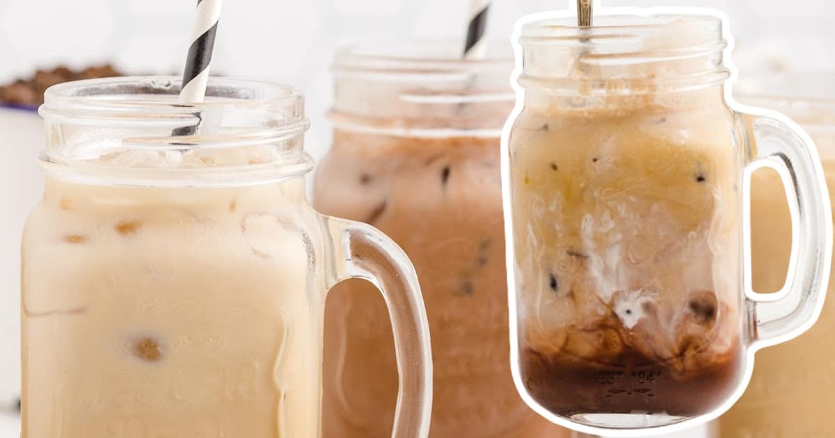Three iced caramel macchiatos with paper straws, and a close-up of one swirled with caramel and milk in a mason jar.