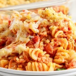 Close-up of a heaping serving of Chicken Parmesan Casserole on a white plate, showing spiral pasta, juicy chicken, marinara sauce, melted cheese, and a golden breadcrumb topping.