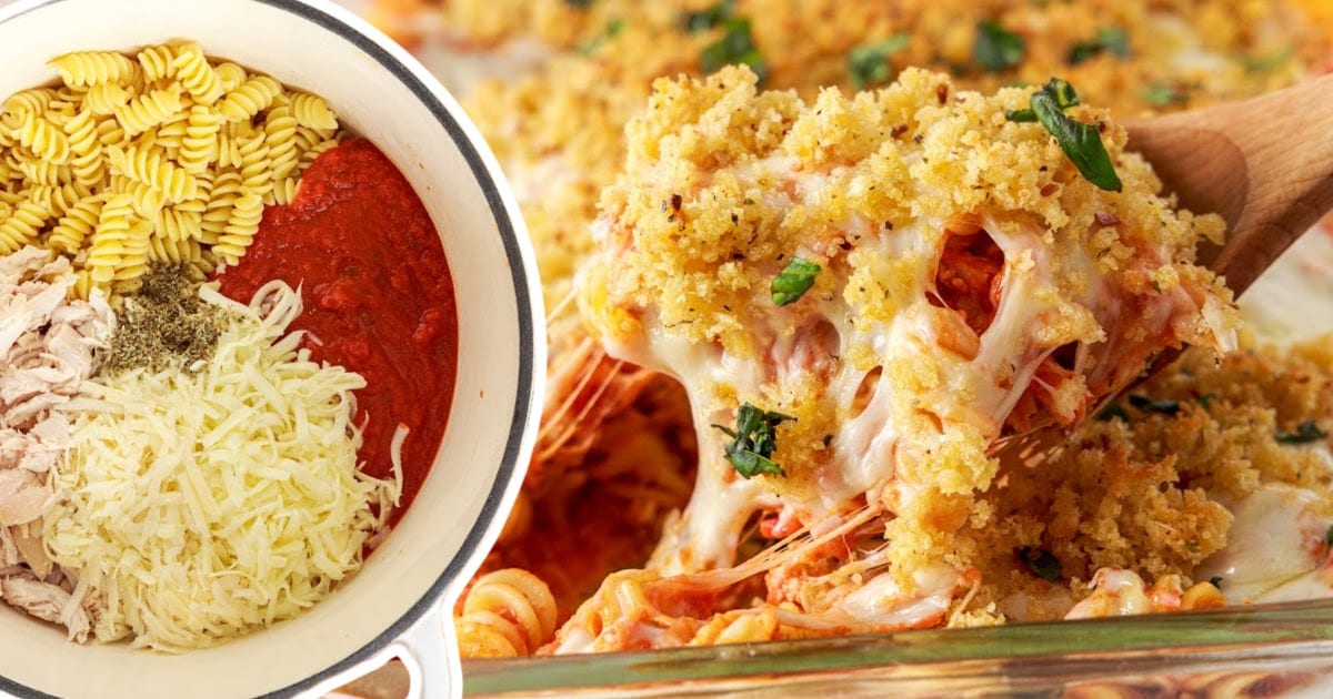 Split-screen image with uncooked ingredients including pasta, marinara, chicken, cheese, and herbs on the left, and a spoonful of baked casserole being lifted from the finished dish on the right.
