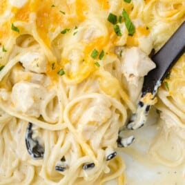 Pin image showing Chicken Tetrazzini casserole with overlay text “Ready in 50 mins!” and “Chicken Tetrazzini Recipe” on the bottom.