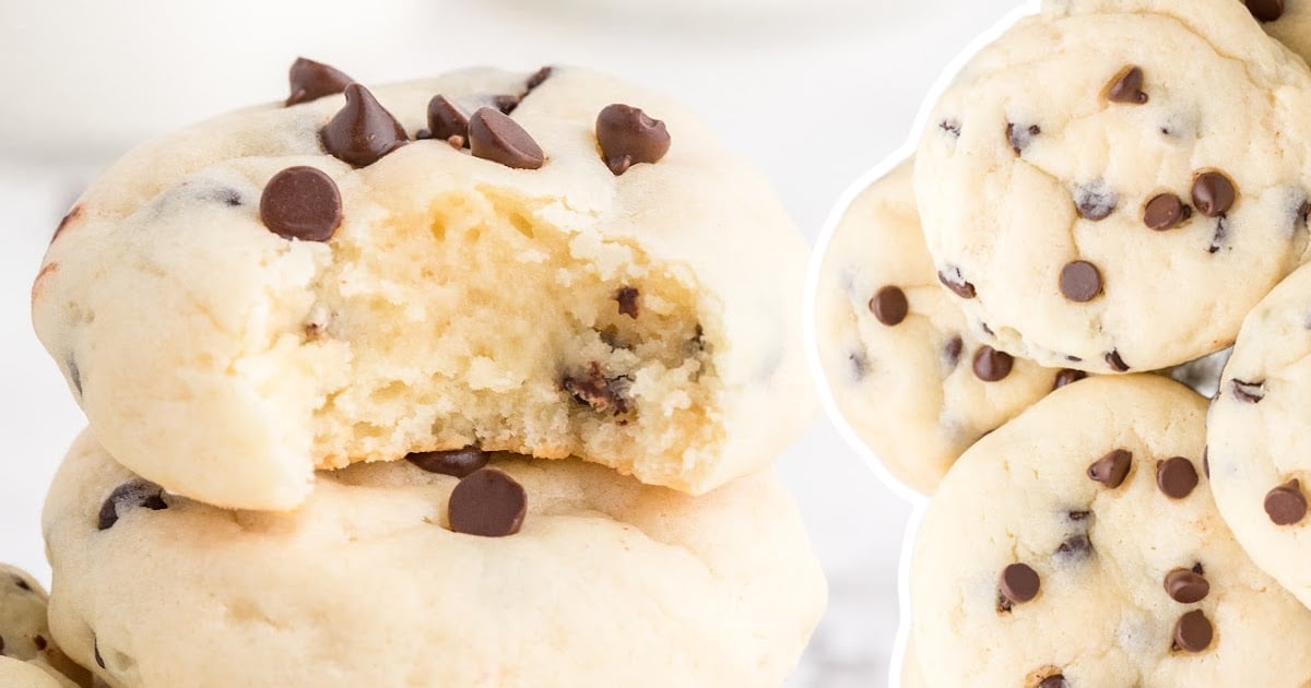 Side-by-side image of a bowl of cookie dough and baked chocolate chip cheesecake cookies on a plate.