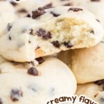Chocolate chip cheesecake cookies with a broken cookie showing soft center and text highlighting soft texture and creamy flavor.