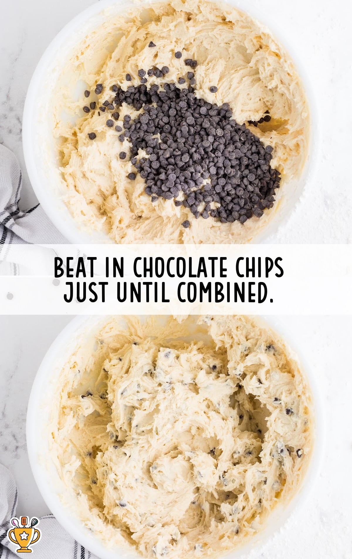 Large mixing bowl with cookie dough and mini chocolate chips on top, ready to be stirred together.