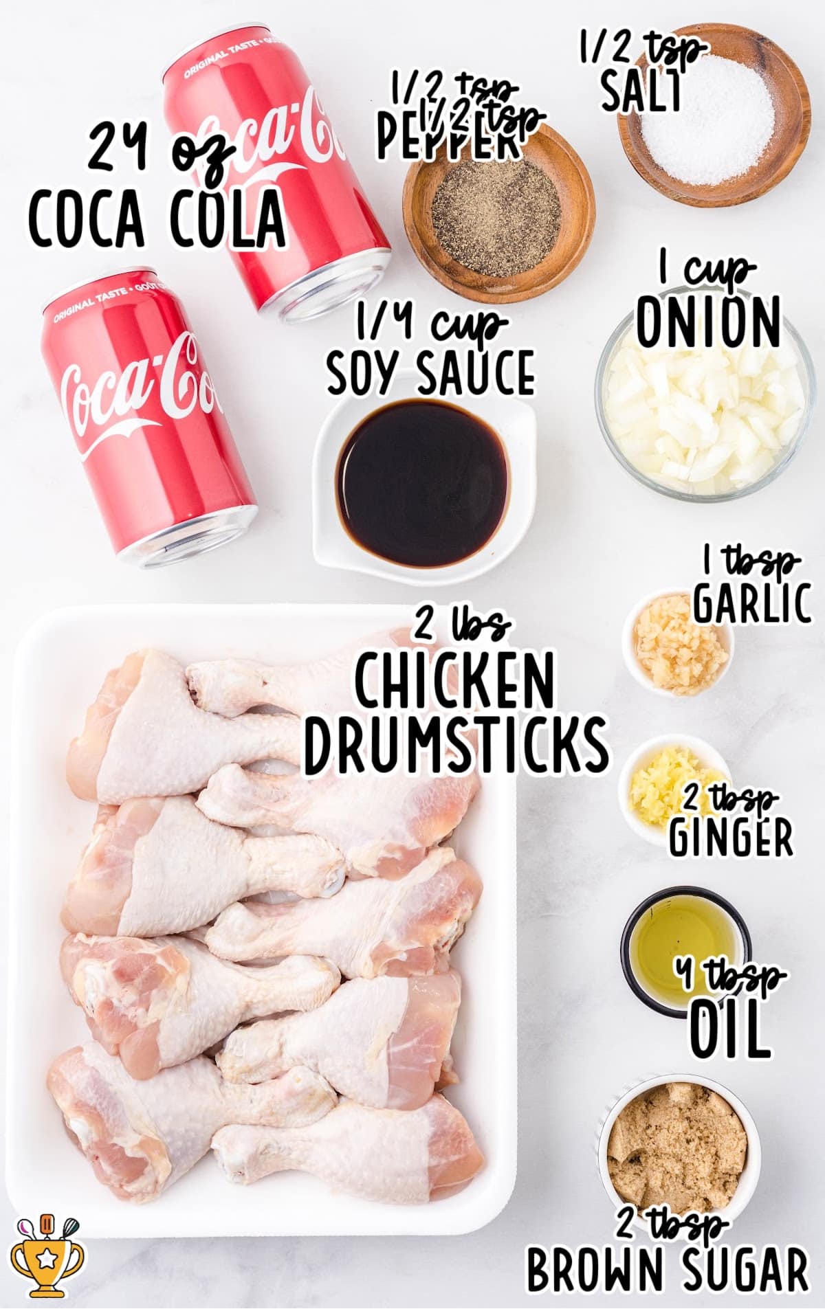 Flat lay of Coca-Cola chicken ingredients labeled with text, including chicken drumsticks, Coca-Cola, soy sauce, onion, garlic, ginger, and seasonings.