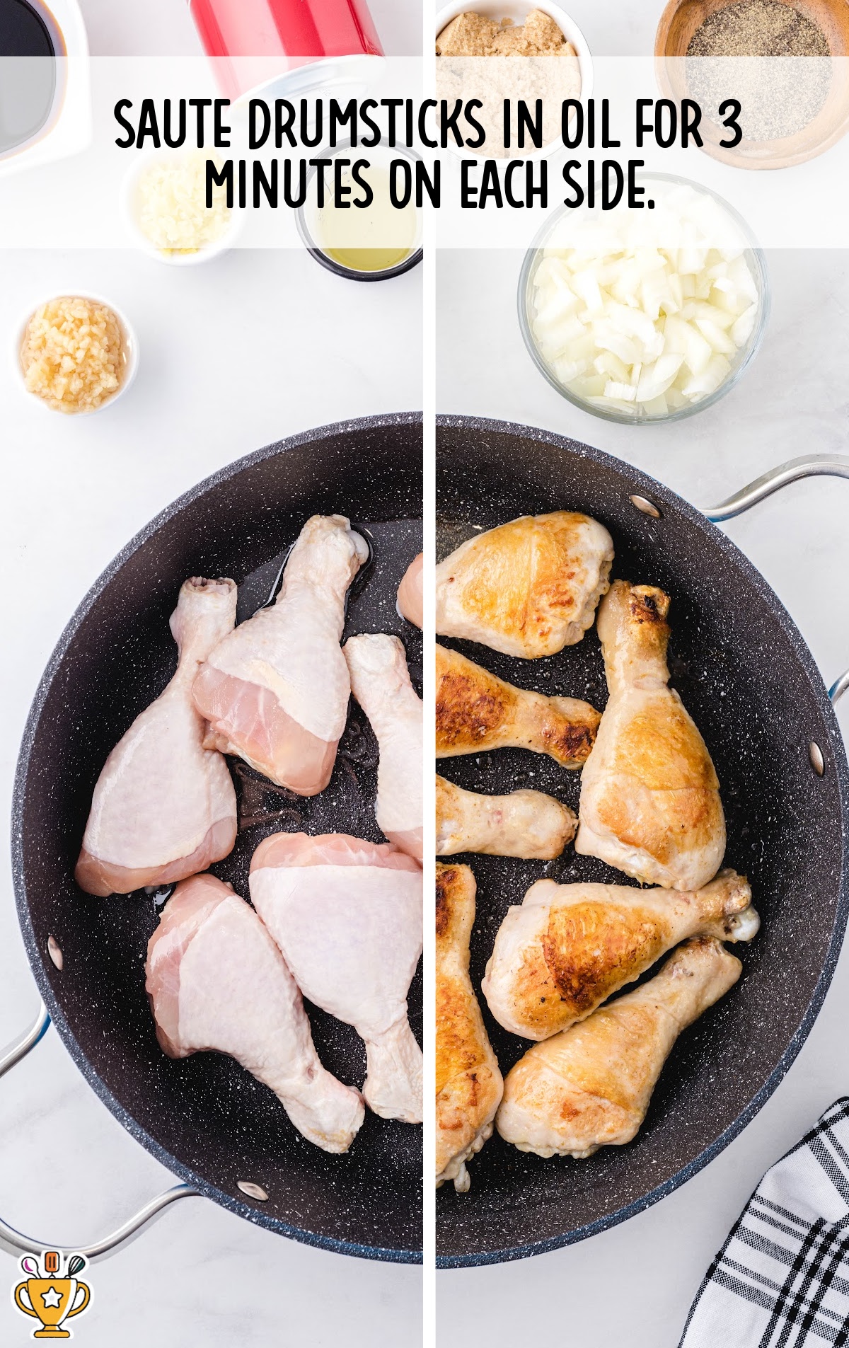 Split image showing raw and browned chicken drumsticks in a frying pan. Text reads, “Saute drumsticks in oil for 3 minutes on each side.”