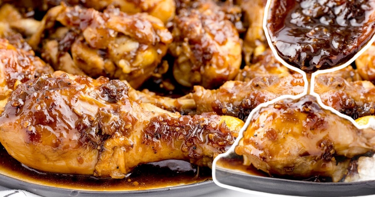 Collage image showing a pan full of glazed chicken drumsticks and a close-up of sauce being poured over the top.