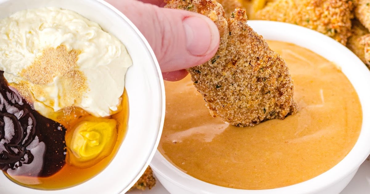 Bowl of copycat Chick-fil-A sauce next to crispy chicken tenders with an inset image showing sauce ingredients before mixing.