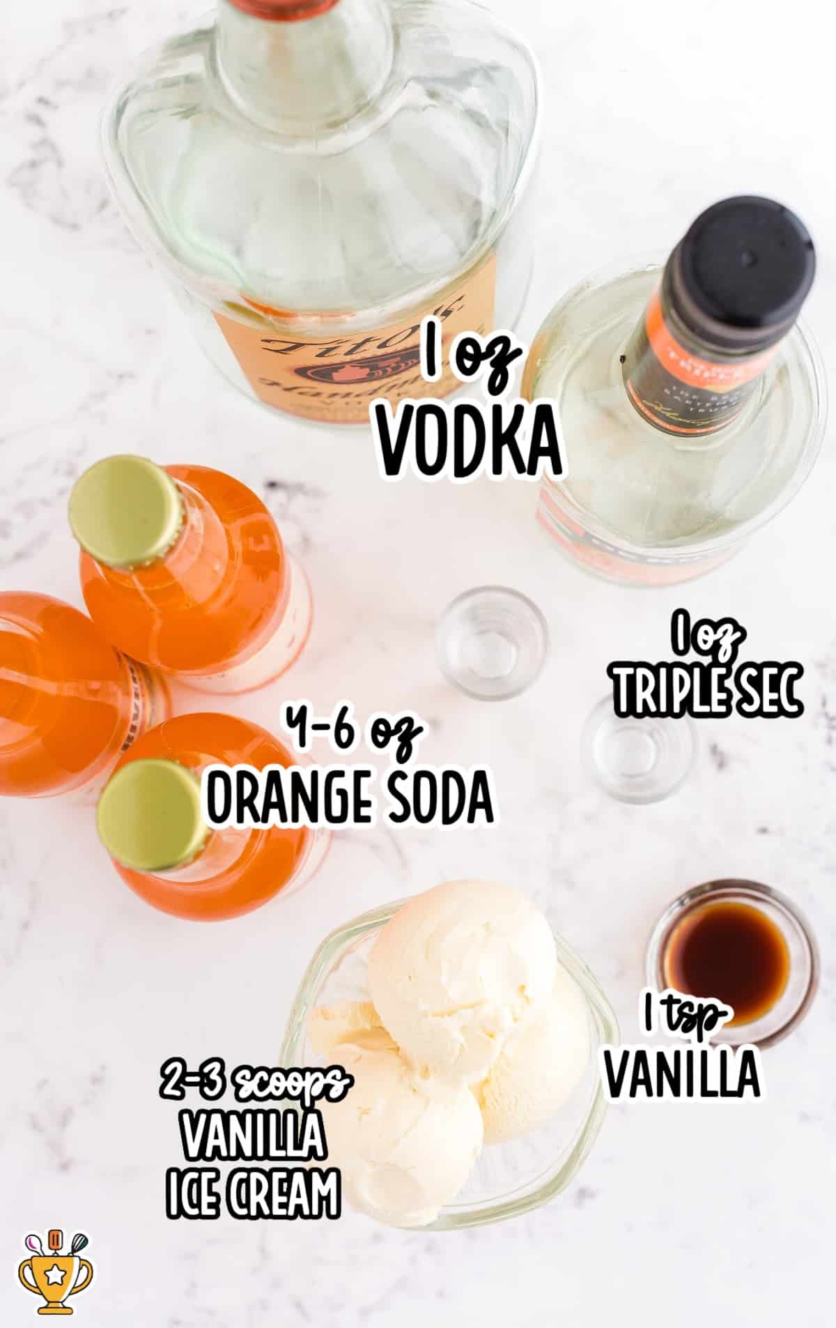 Overhead image of ingredients including vodka, triple sec, vanilla extract, orange soda, and vanilla ice cream labeled with text.