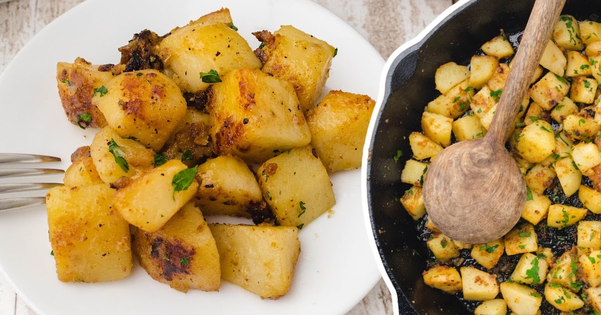 Side-by-side image showing fried potatoes in a black skillet with a wooden spoon and a white plate filled with the same golden potato pieces.