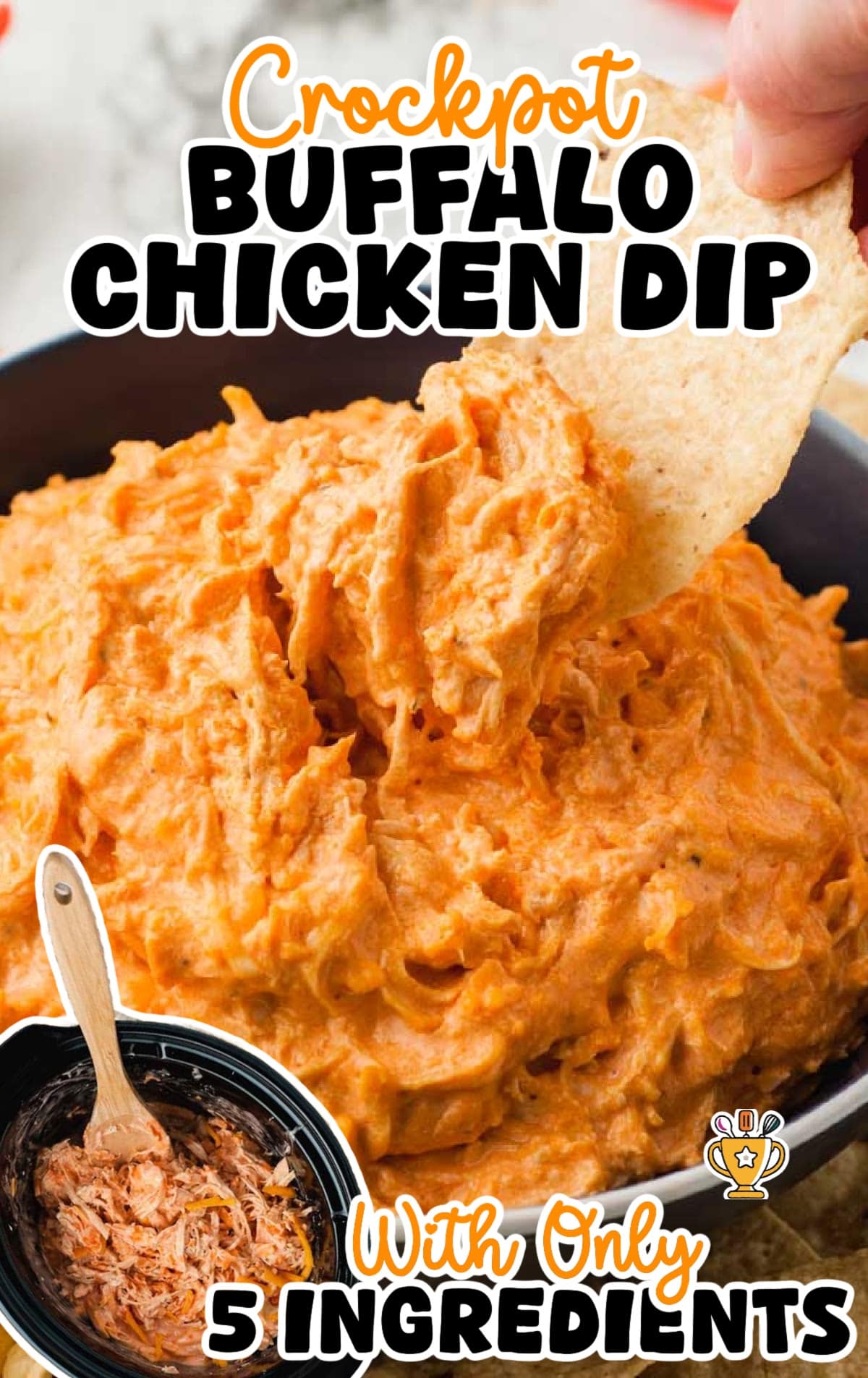 Close-up of tortilla chip scooping creamy buffalo chicken dip from a bowl.