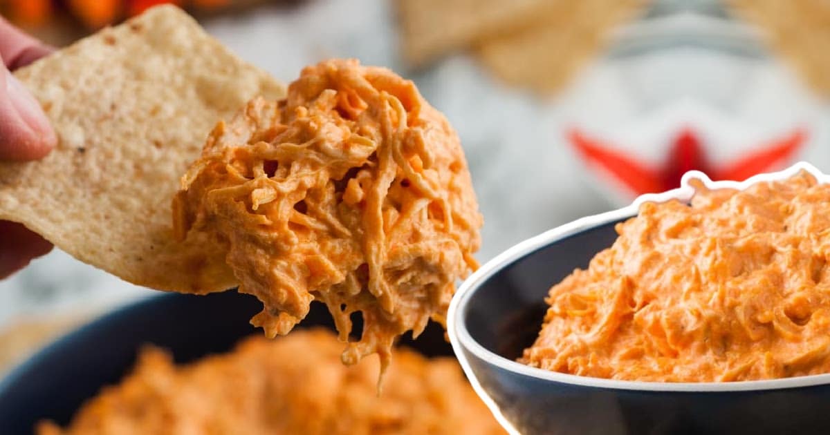 Side-by-side image of slow cooker filled with shredded chicken mix and finished dip topped with a chip.