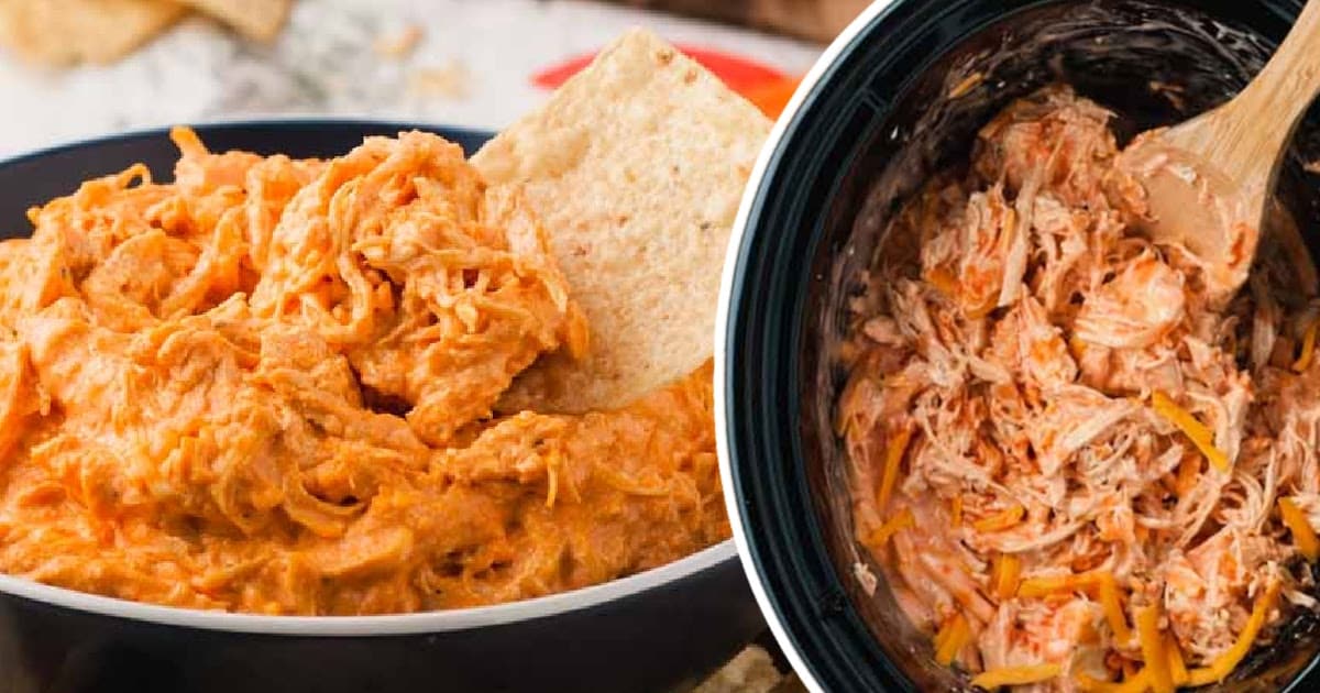 Scooping buffalo chicken dip from bowl to chip, showing shredded texture and cheesy, spicy consistency.